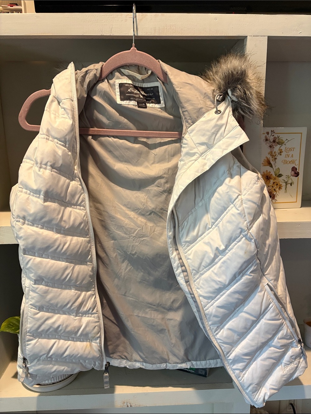 Eddie Bauer Light Gray Quilted Hooded Puffer with Faux Fur Trim